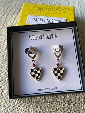 Gold Heart Dangle Earrings with Black & White Checker and Pink Accent